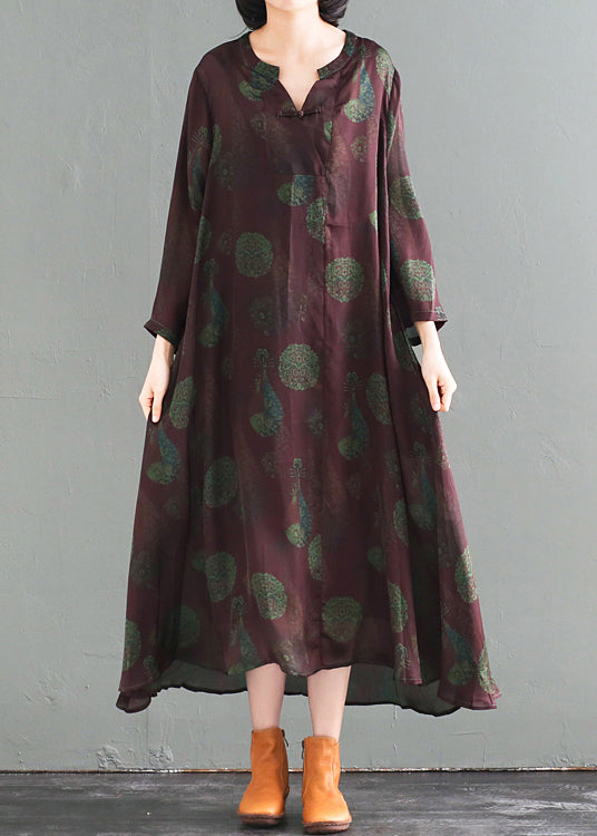 Medallion Print Mandarin Collar Frog Button High Low Maxi Dress - View 5