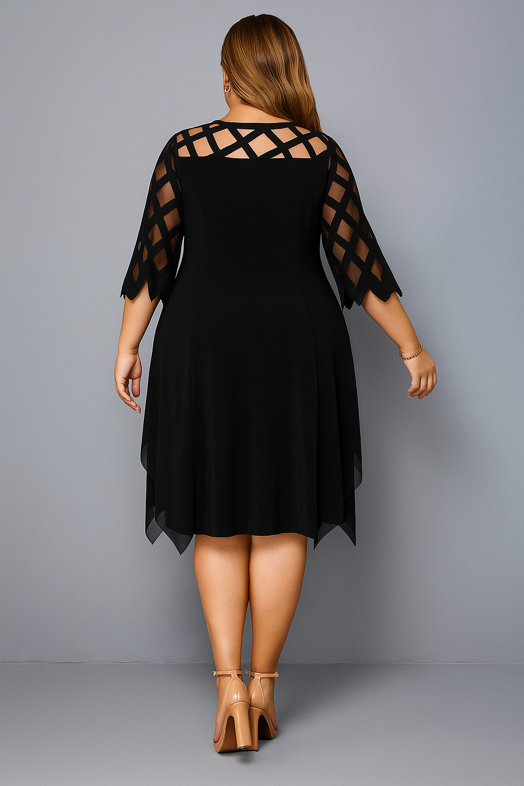 Lattice Cutout Yoke Chiffon Overlay Handkerchief Hem Dress 7