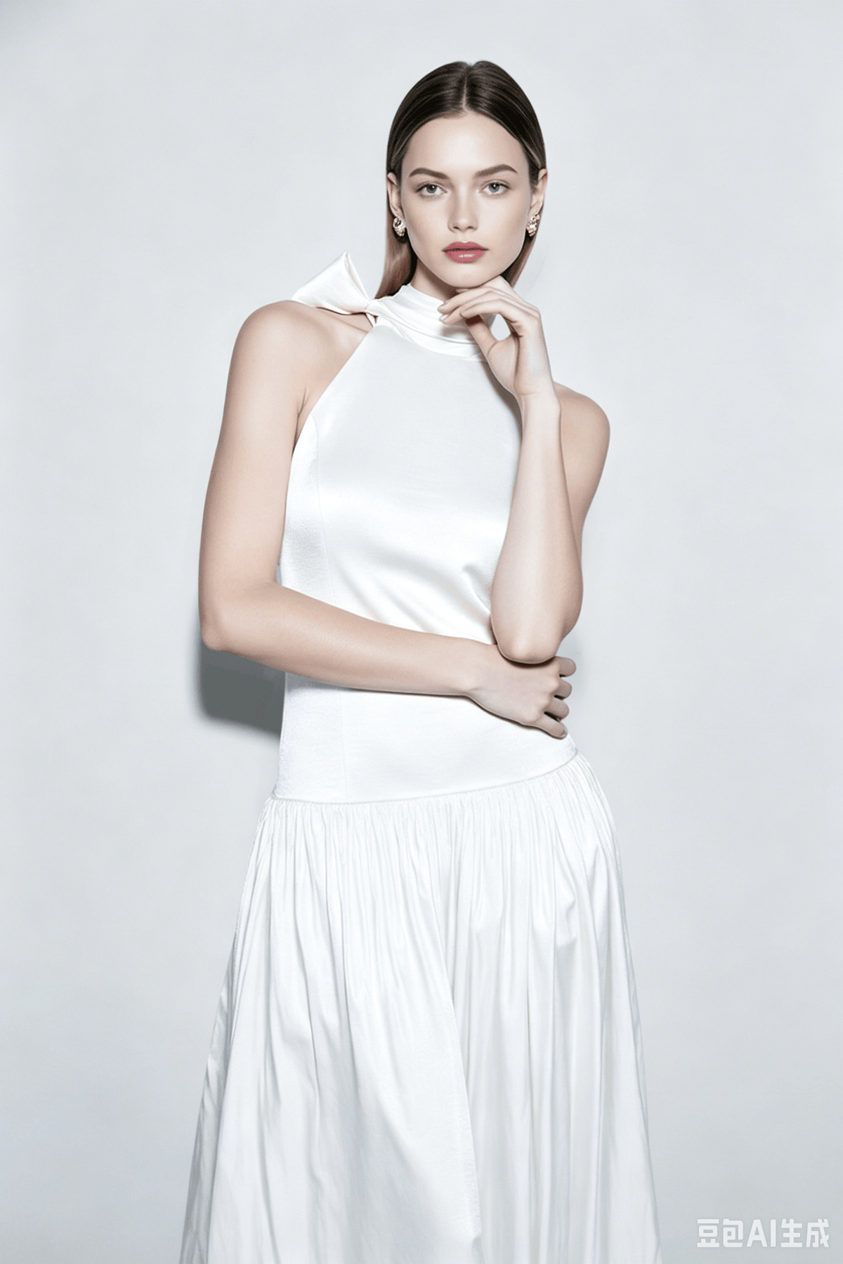 Satin Halter Neck Sleeveless Pleated Maxi Prom Dress