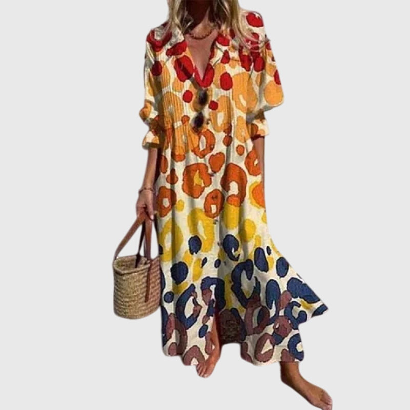 Watercolor Floral Print Split Neck Long Sleeve Maxi Dress 3