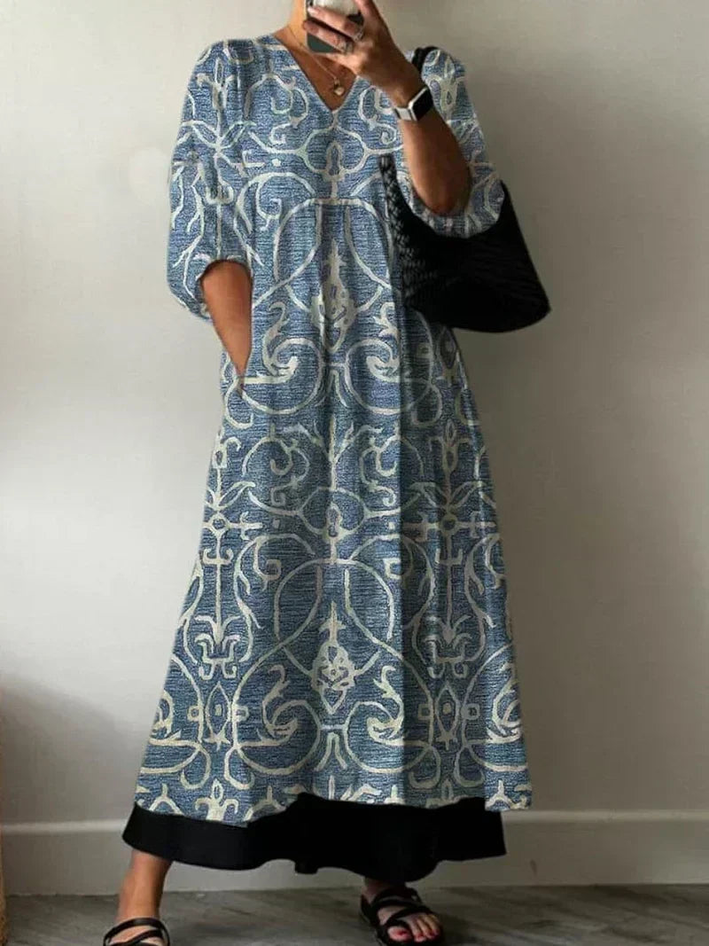 Damask Print V-Neck Puff Sleeve Contrast Hem Maxi Dress