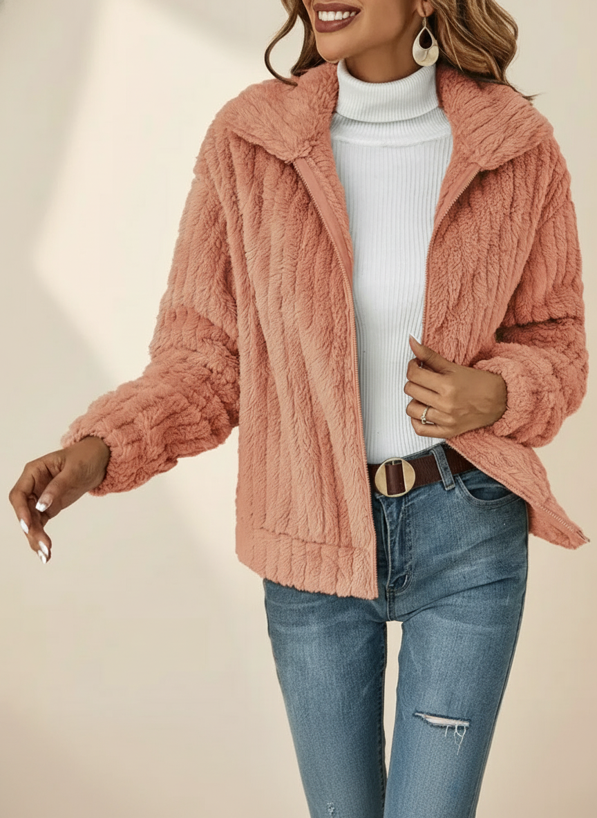 Fuzzy Fleece Zip Front Collared Jacket