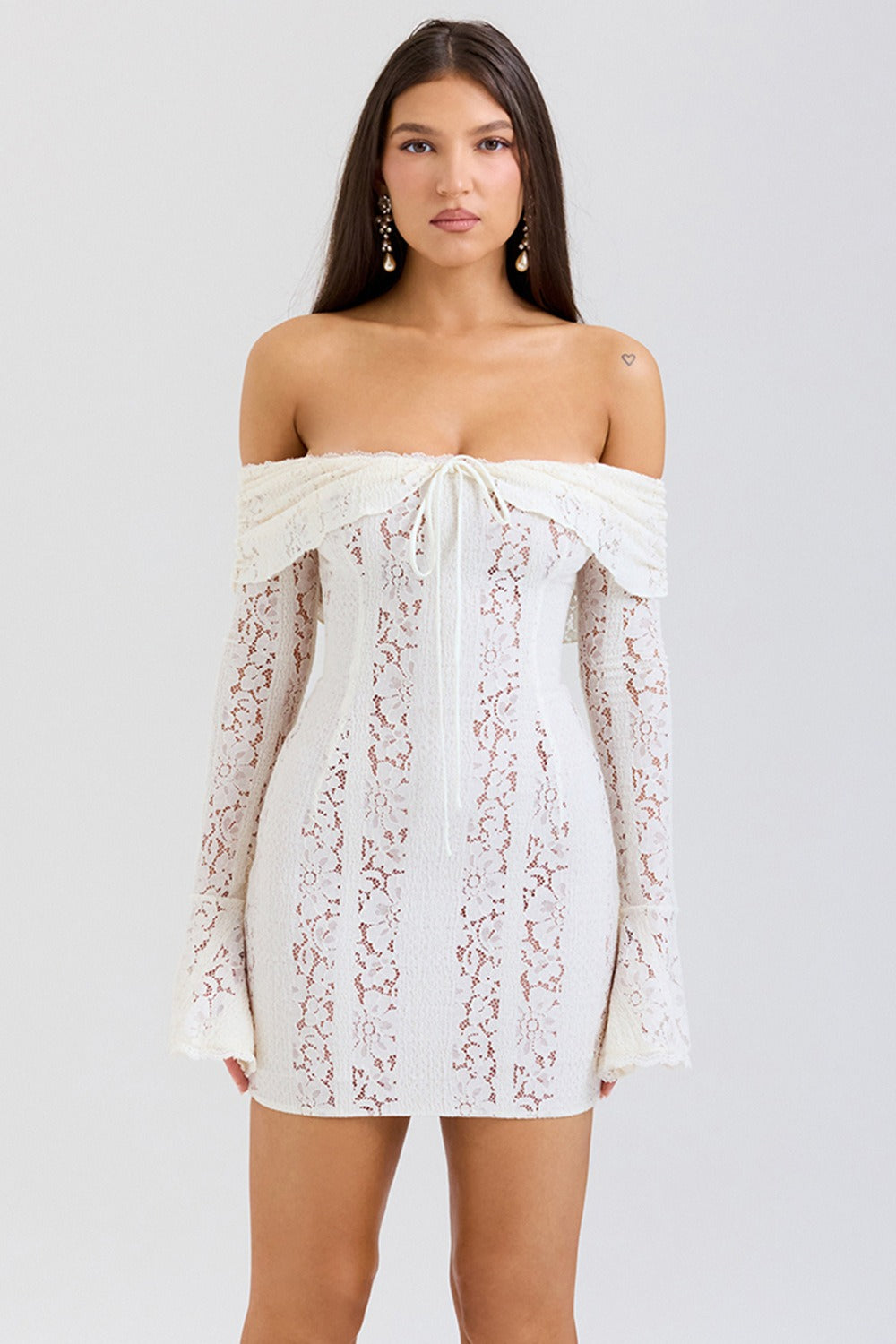 Off Shoulder Waist Tie Lace Dress - View 5