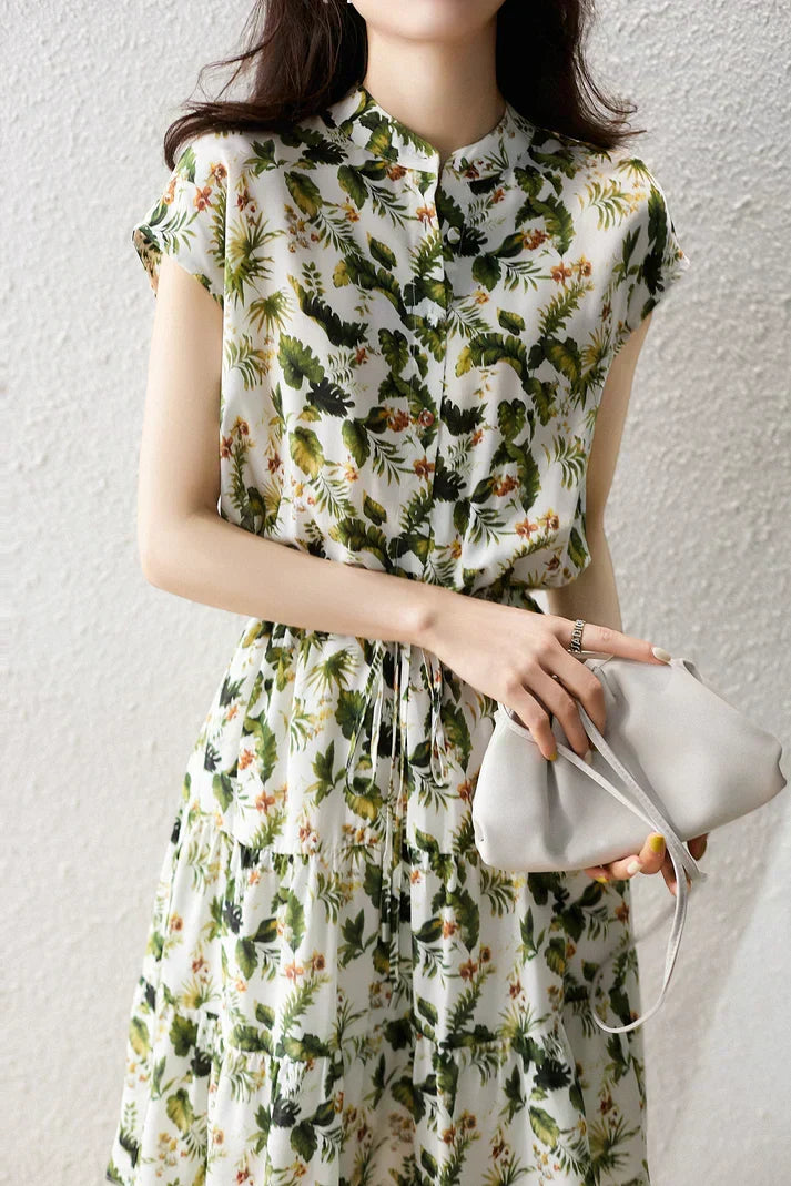 Tropical Floral Print Mandarin Collar Button Front Maxi Dress - View 5