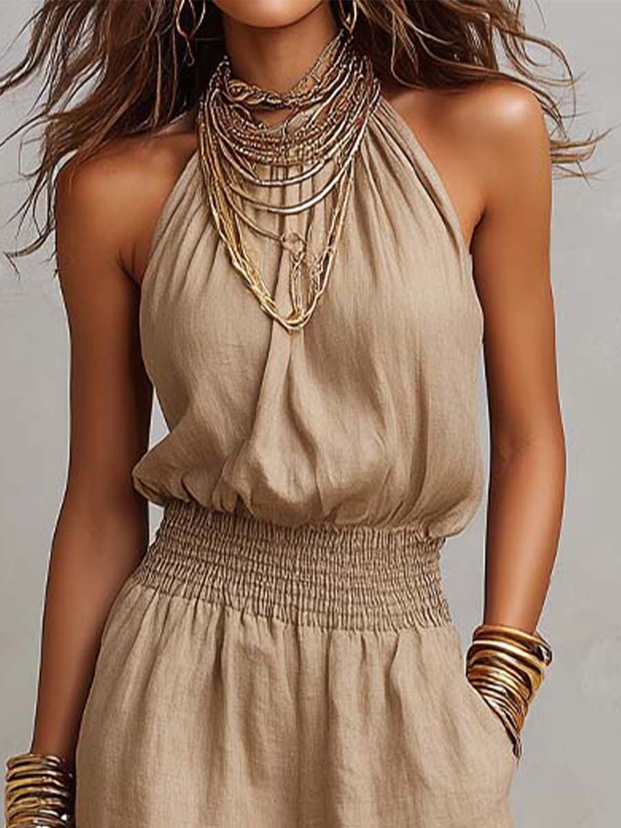 Halter Neck Smocked Waist Wide Leg Jumpsuit 4