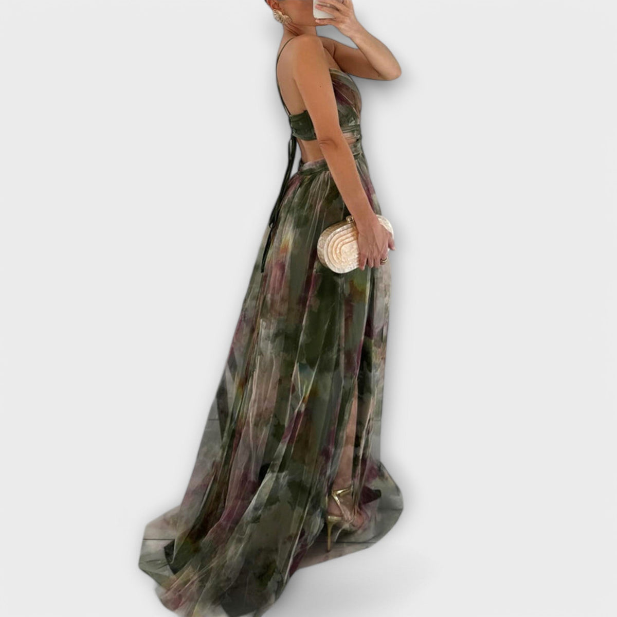 Strapless Sweetheart Floral Print High Split Tulle Maxi Gown 6