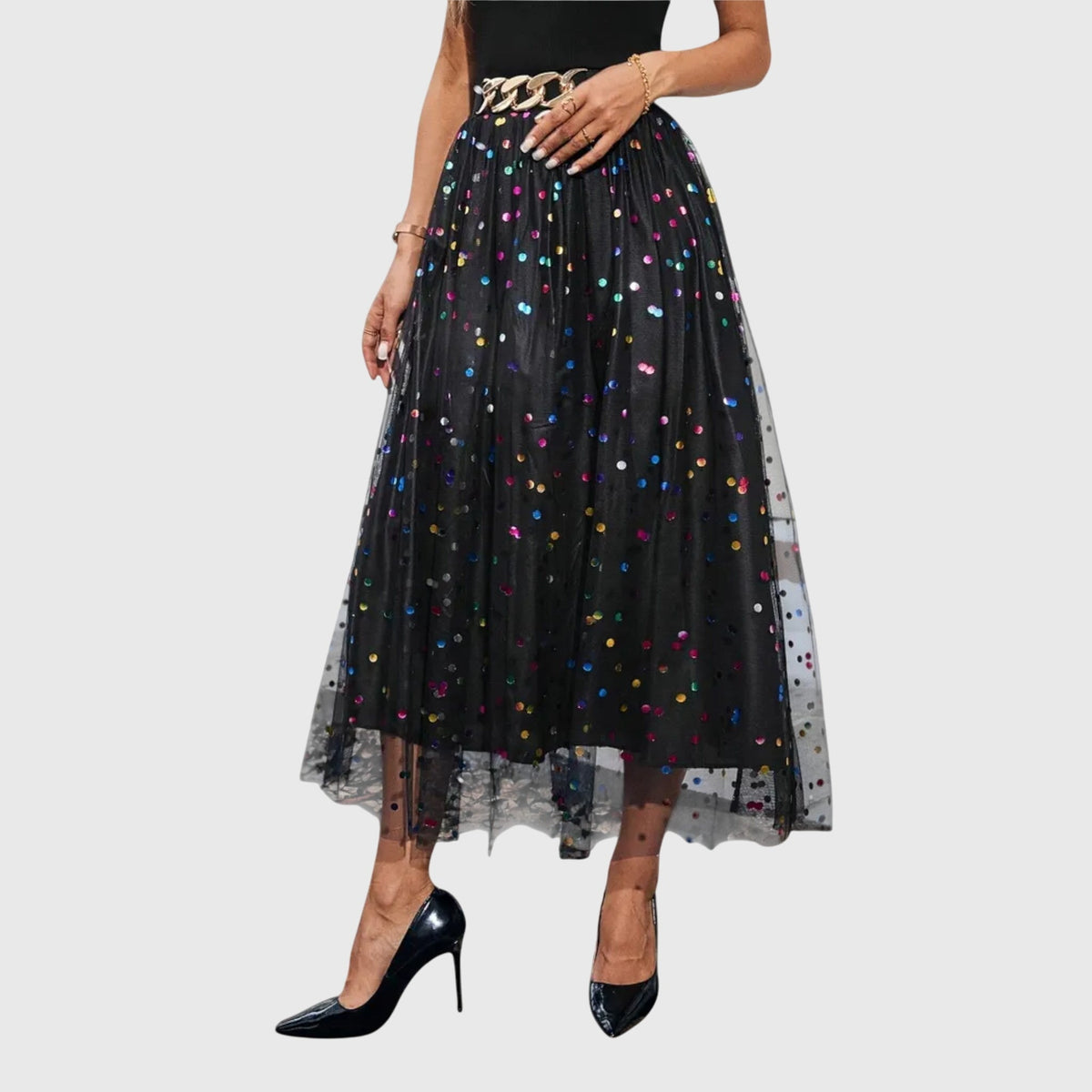 High Waist Sequin Dot Tulle Midi Skirt 2