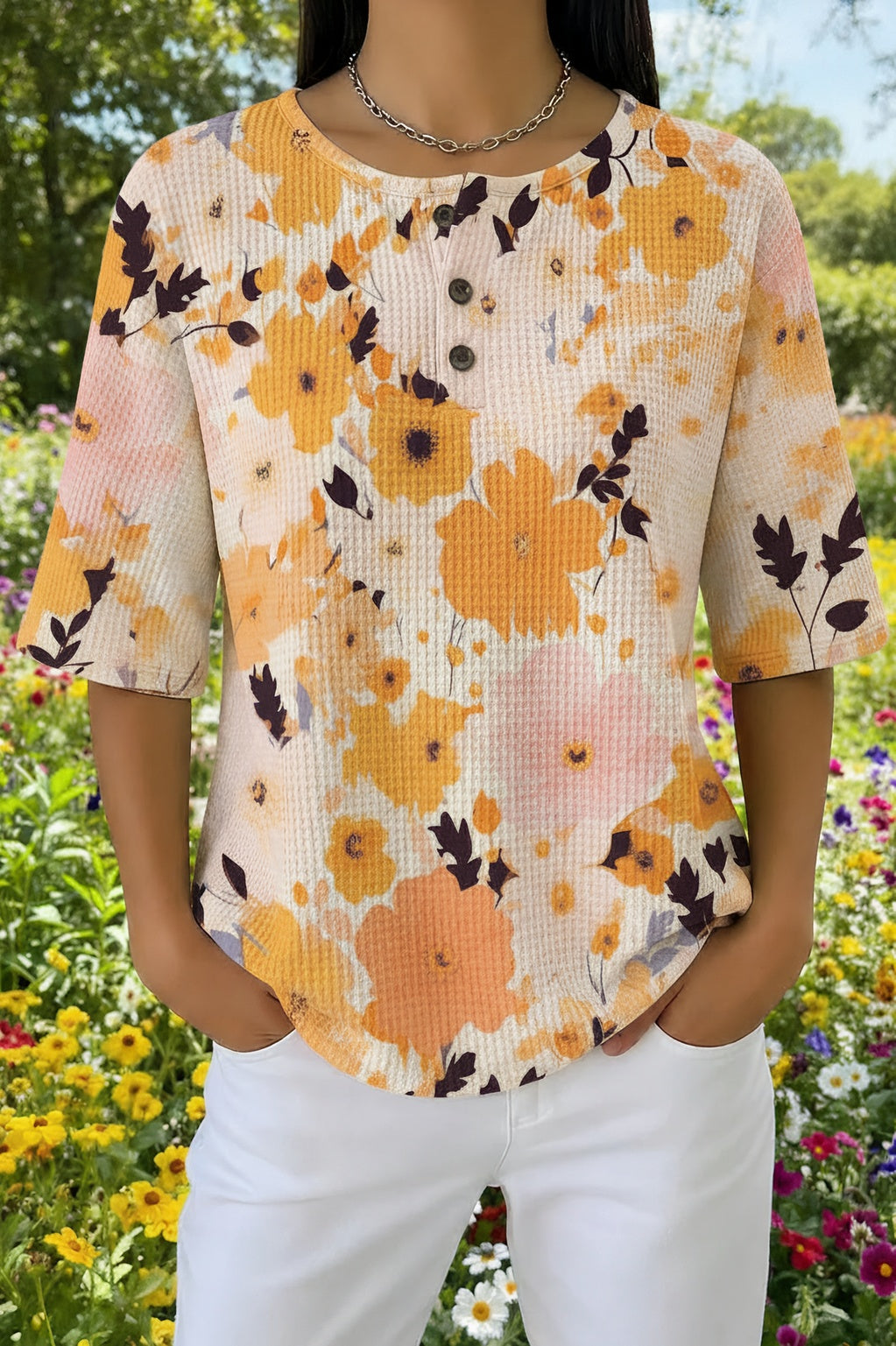 Watercolor Floral Print Waffle Knit Henley Short Sleeve Top