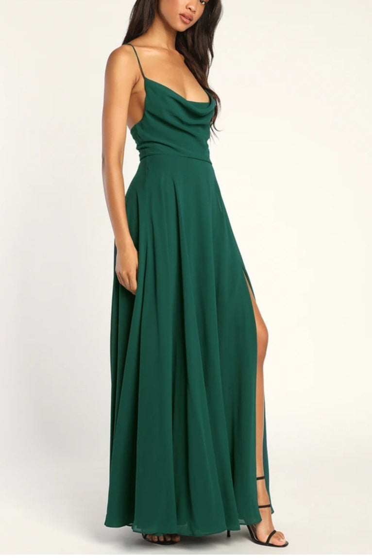 Chiffon Cowl Neck Lace Up Back High Split Maxi Dress - View 11