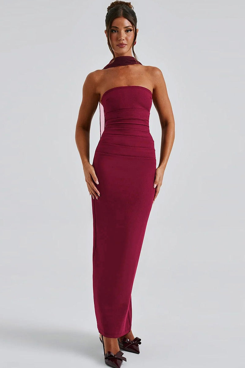 Strapless Choker Neck Ruched Sheer Glove Bodycon Maxi Dress - View 7