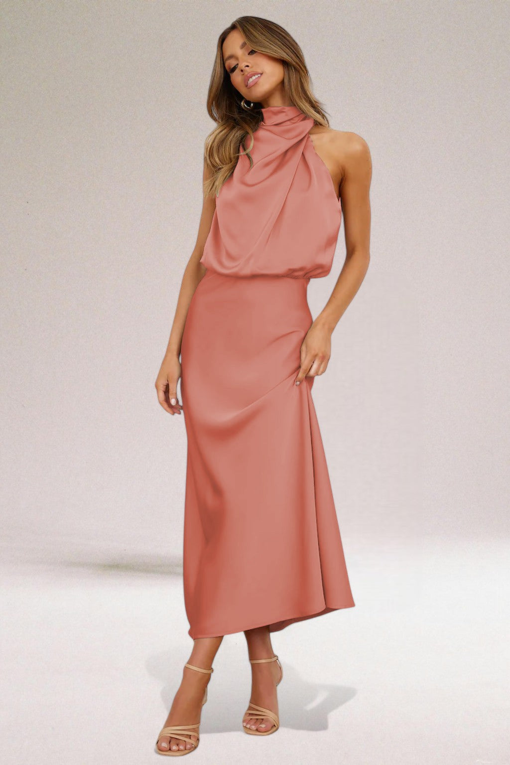 Halter Neck Draped Sleeveless Satin Maxi Dress 3