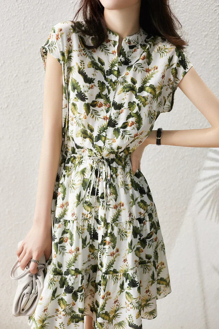 Tropical Floral Print Mandarin Collar Button Front Maxi Dress - View 4