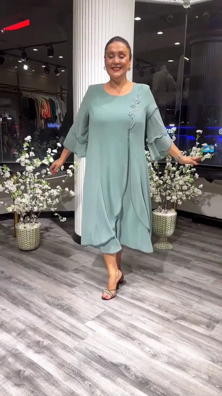 Chiffon Floral Applique Bell Sleeve A-Line Midi Dress - View 6