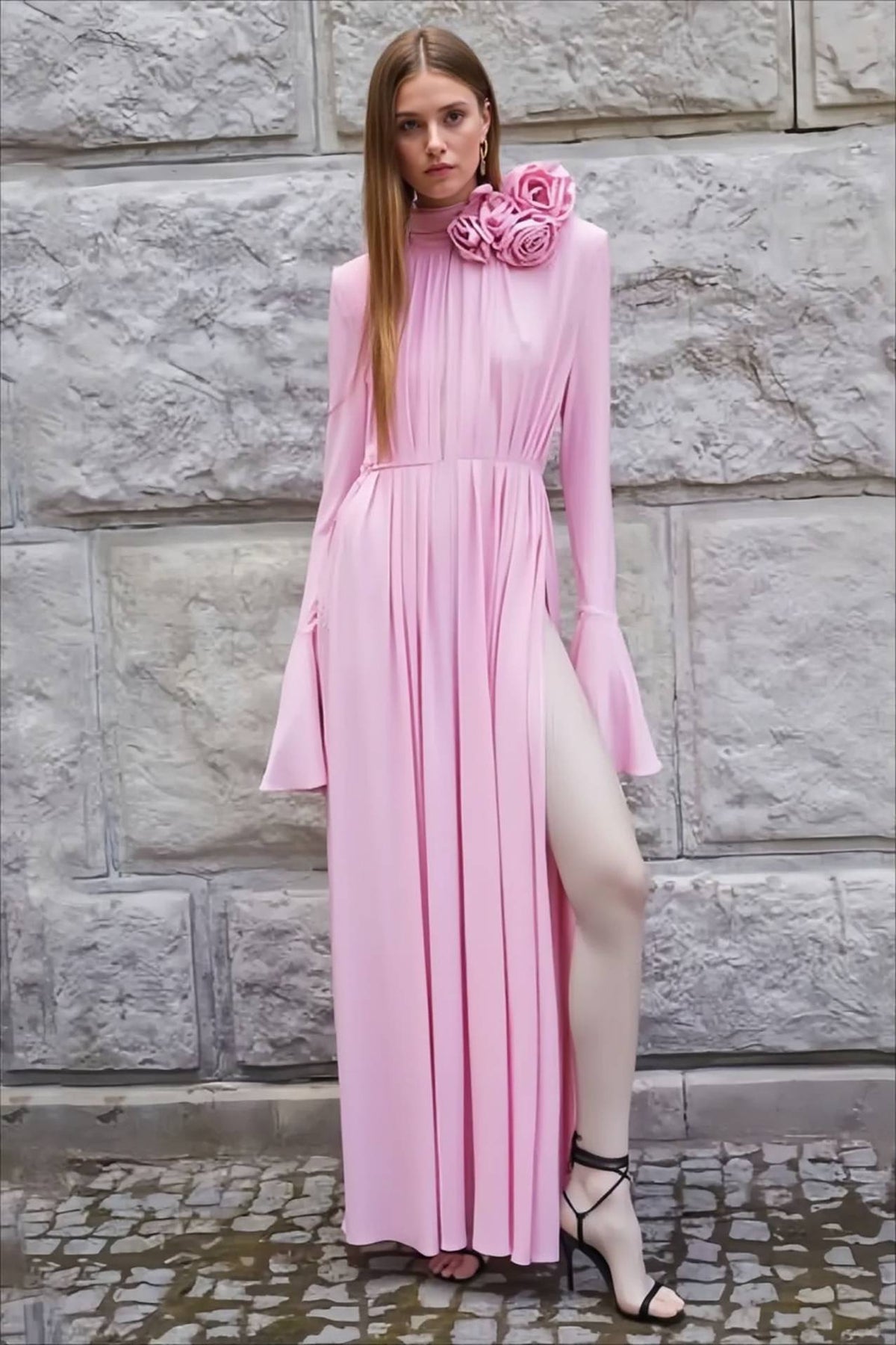 High Neck Long Sleeve 3D Floral Pleated High Split Maxi Dress
