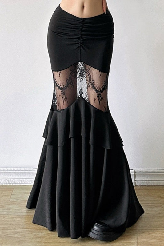 Black Lace Panel Tiered Maxi Skirt