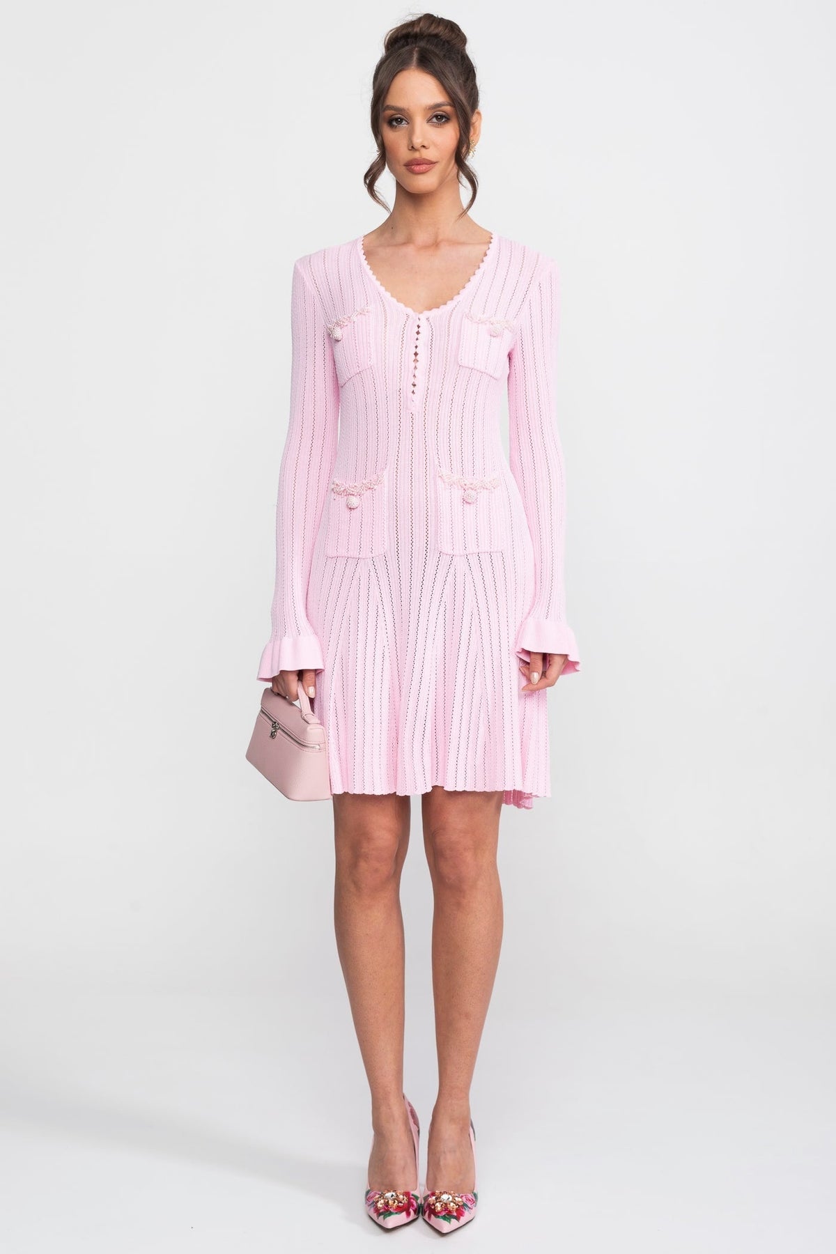 Open-Knit Mini Dress With Scallop Neck And Ruffle Cuffs - Pink - View 2