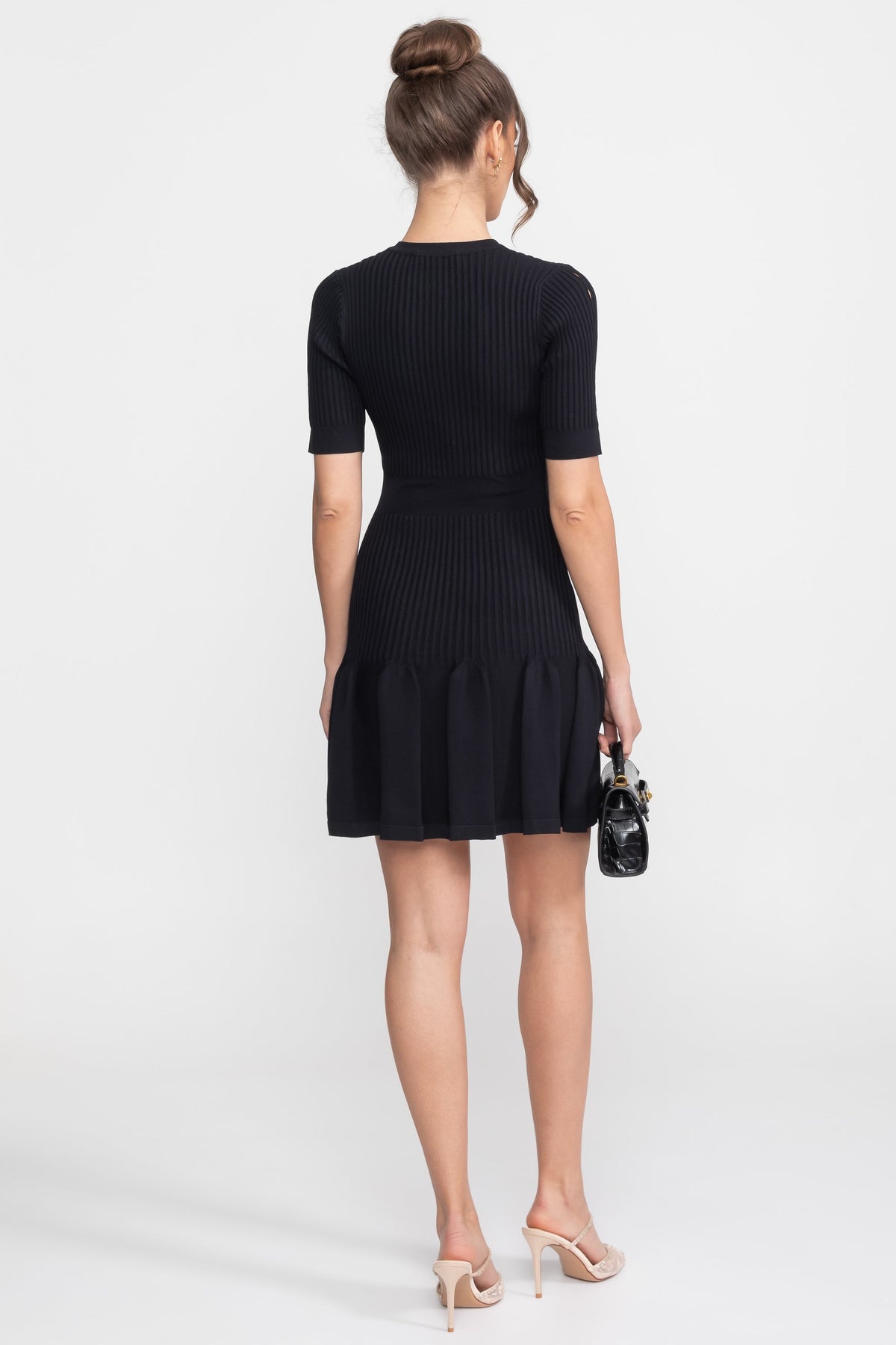 Ribbed Knit Mini Dress With Gold Button Keyhole Neckline - Black - View 4