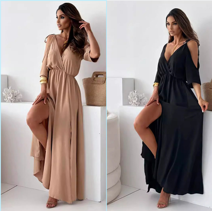 Deep V-Neck Wrap Tie Sleeve High Split Maxi Dress 11