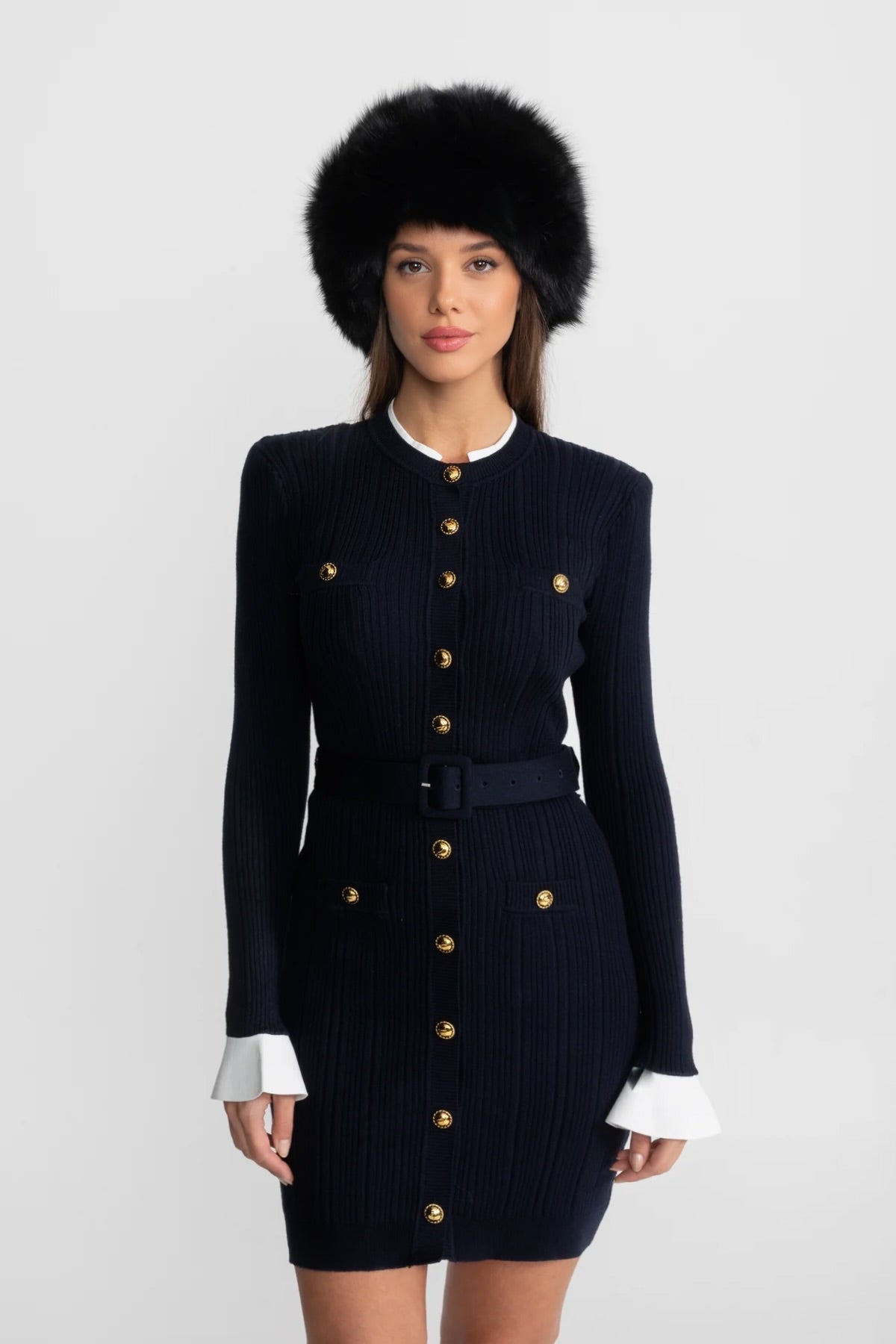 Ribbed Knit Mini Dress with Gold Button Fastening - Dark Blue