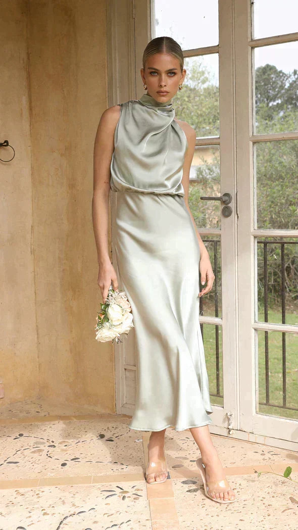 Satin Halter Neck Cowl Draped Blouson Midi Dress - View 3