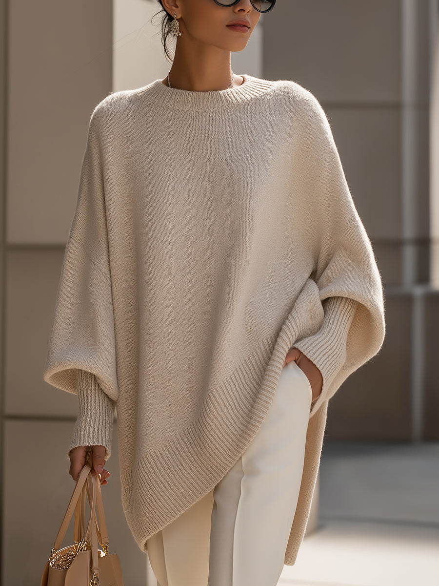 Mock Neck Oversized Asymmetric Hem Ribbed Poncho Sweater