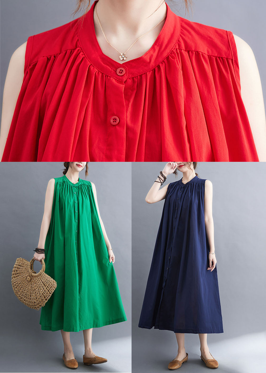 Gathered Mandarin Collar Button Front Sleeveless Pocket Maxi Dress - View 5