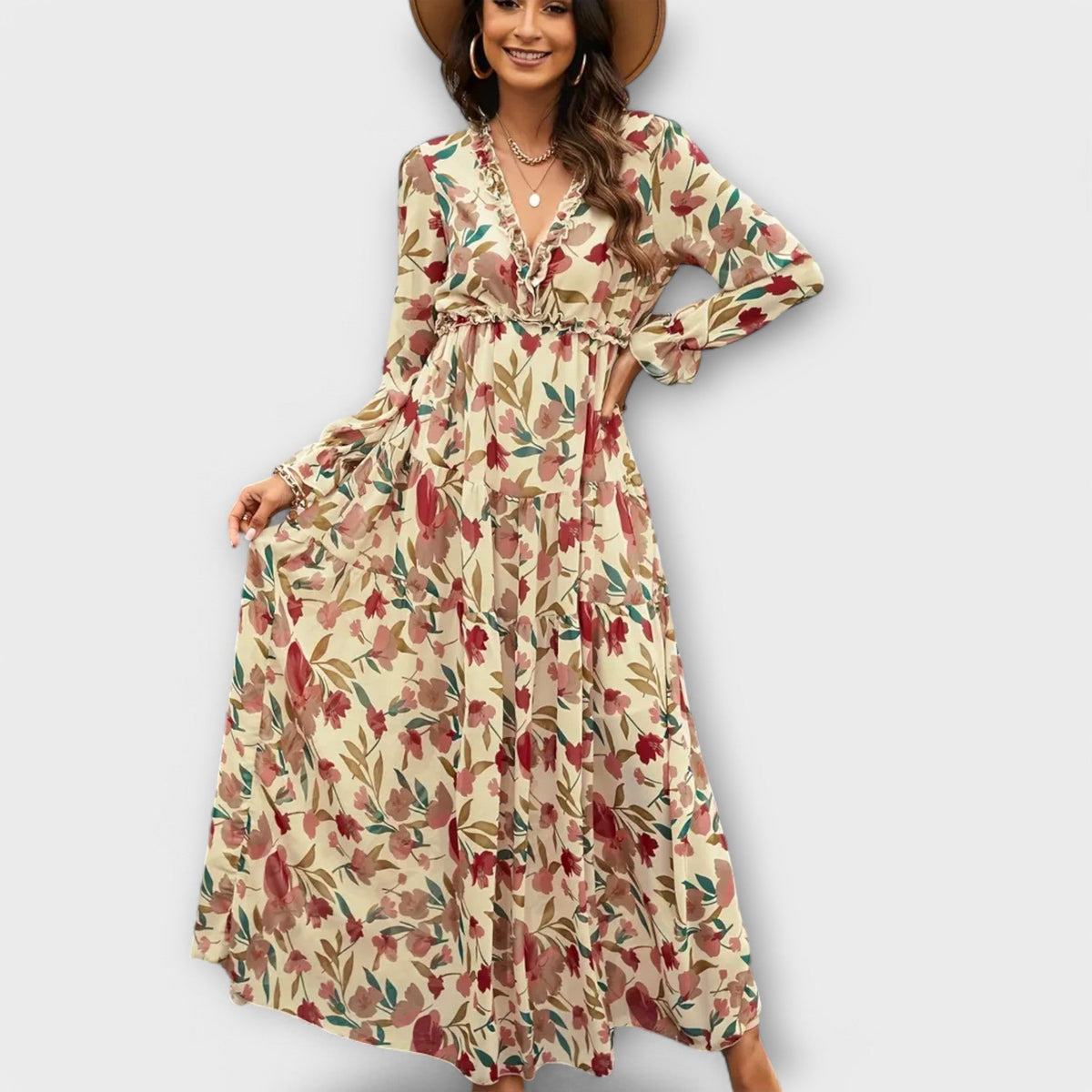 Floral V-Neck Long Sleeve Tiered Maxi Dress 6