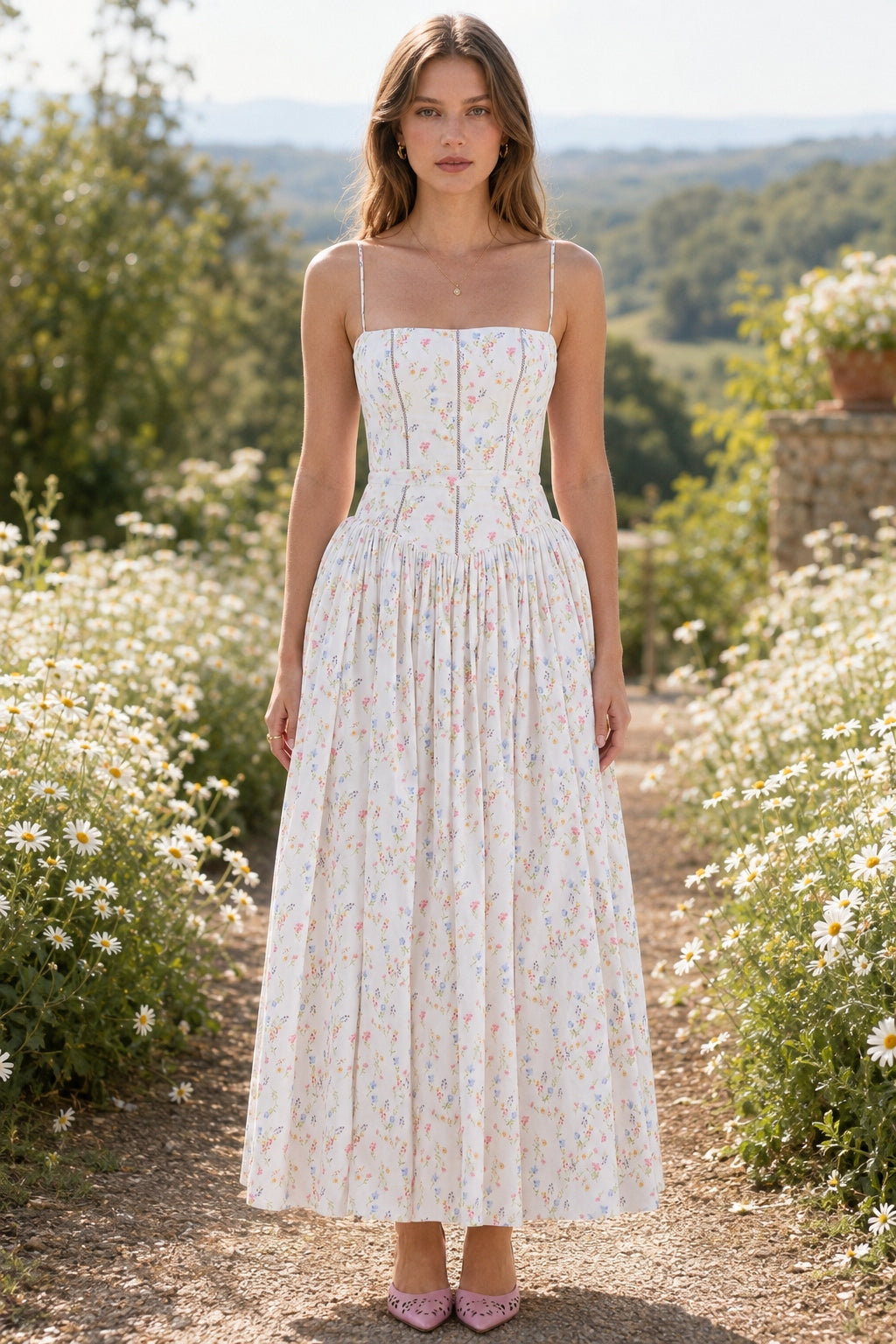 Square Neck Floral Corset Bodice Full Skirt Midi Dress 2