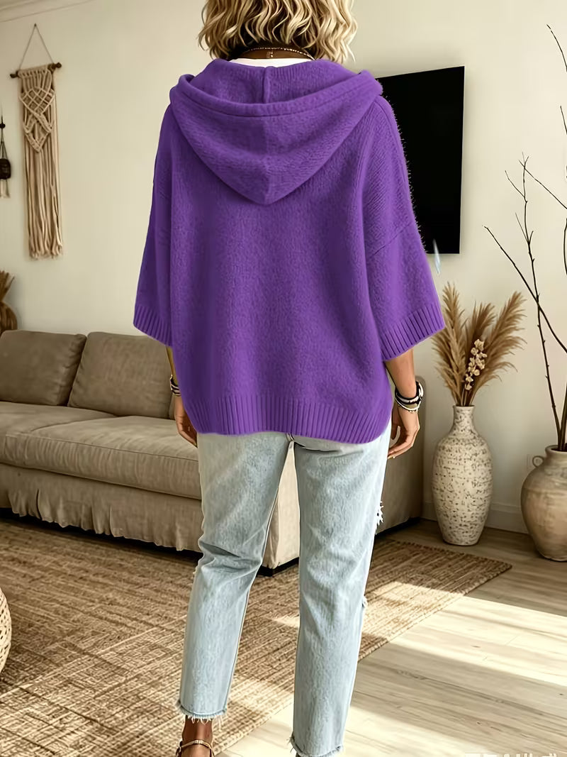 Hooded Drawstring Oversized Knit Poncho Sweater 9