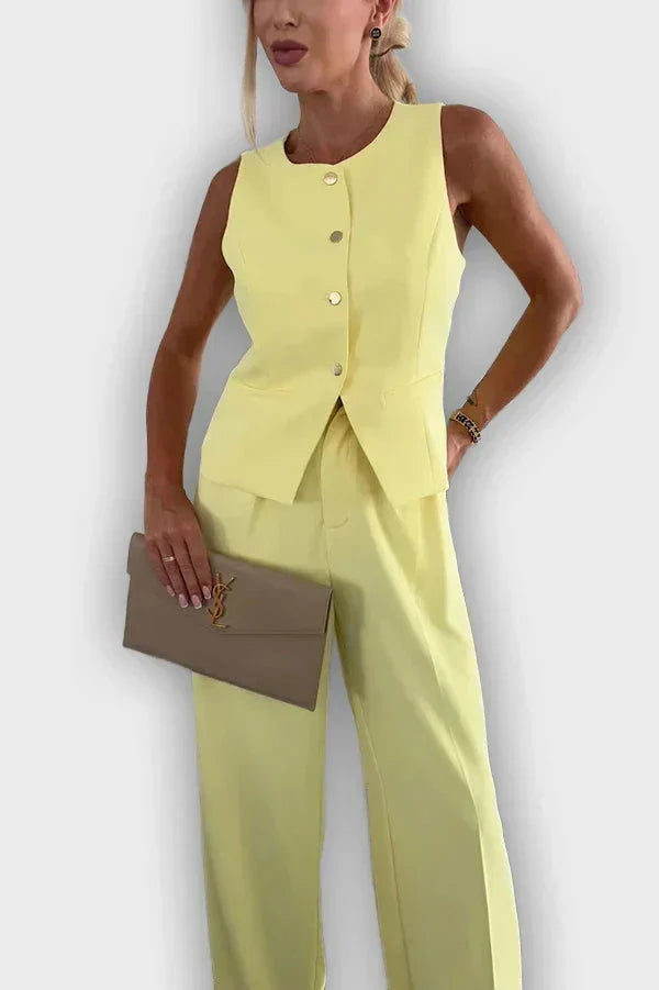 Sleeveless Button Vest and Wide Leg Pants Two Piece Set 2