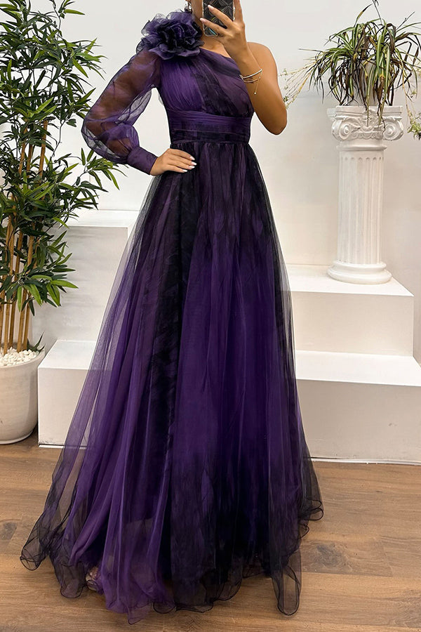 Tulle Off Shoulder Asymmetrical One Sleeve Maxi Dress - View 14