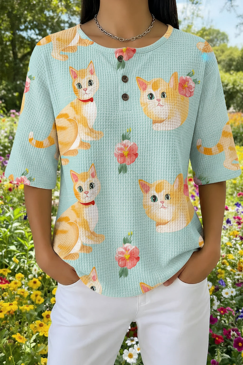 Cat Floral Print Waffle Knit Short Sleeve Henley Top