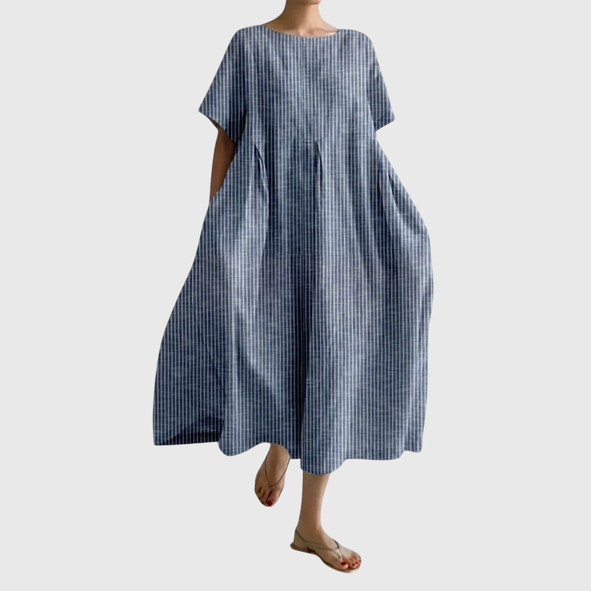 Striped Round Neck Short Sleeve Pleated Maxi Dress 3