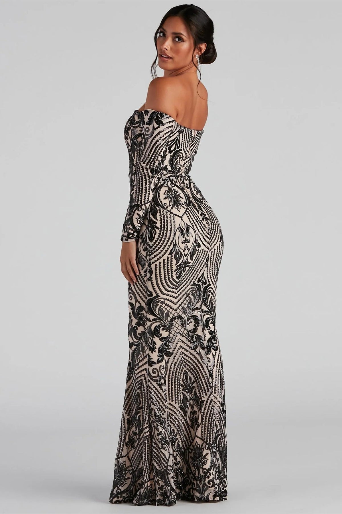 Sequin Off Shoulder Long Sleeve Mermaid Evening Gown - View 2