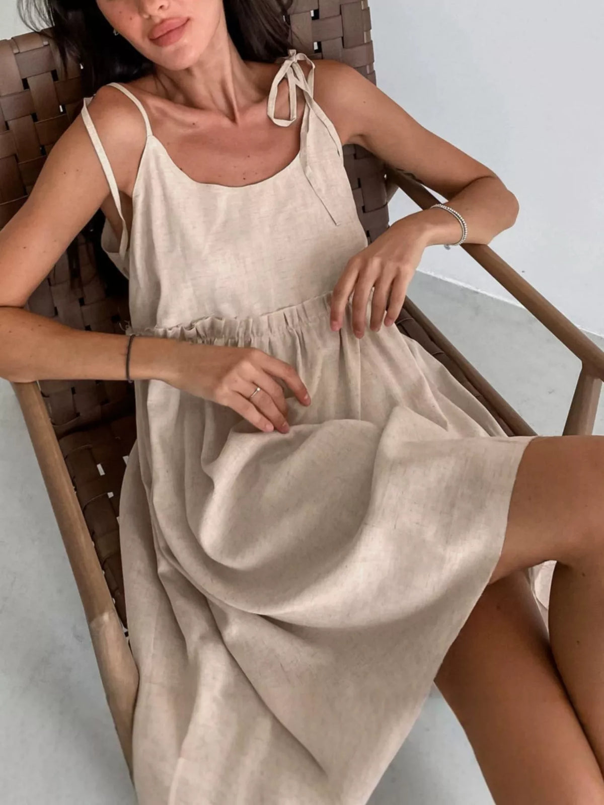 Tie Strap Scoop Neck Ruffle Waist Linen Look Mini Dress 2