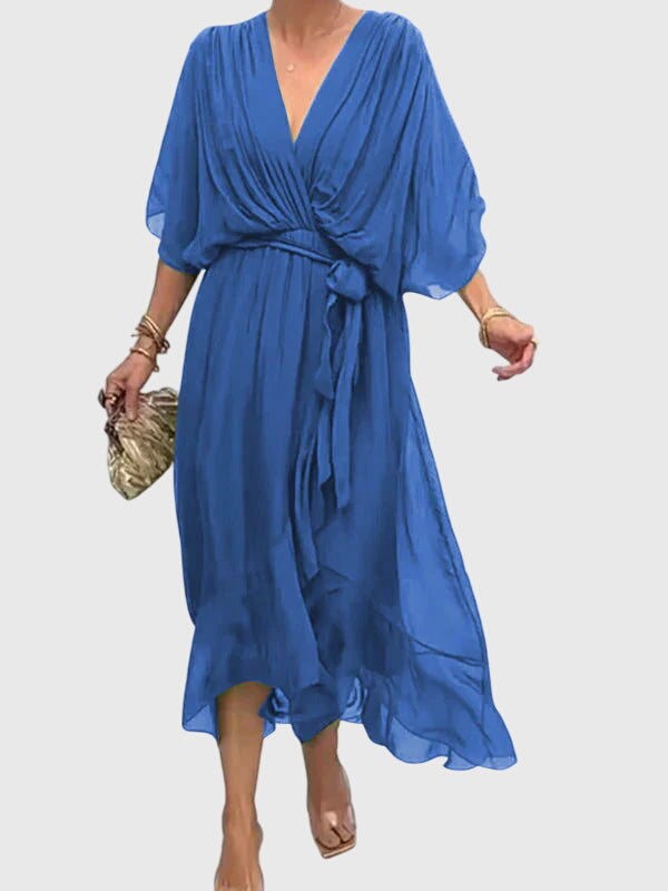 Chiffon V-Neck Batwing Sleeve Belted High Low Midi Dress 3