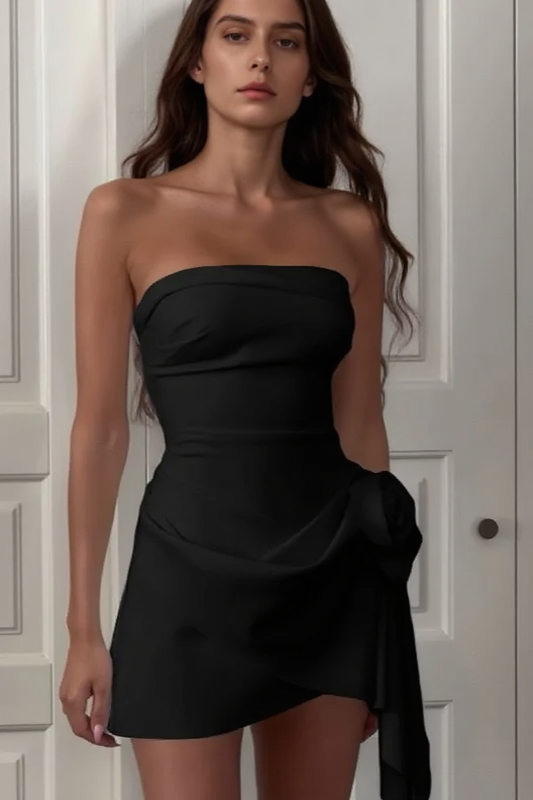 Strapless Flower Applique Asymmetric Fit and Flare Mini Dress - View 6