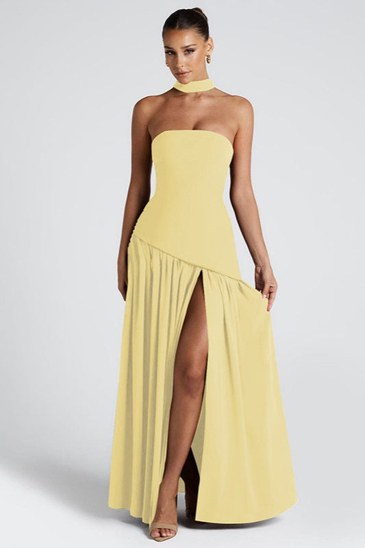 Strapless Bandeau Diagonal Seam Pleated Tier Maxi Gown - View 6