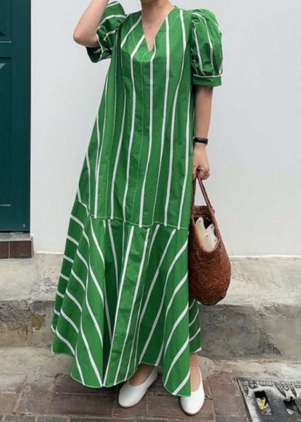 Striped V-Neck Puff Sleeve Tiered Flounce A-Line Maxi Dress - View 4