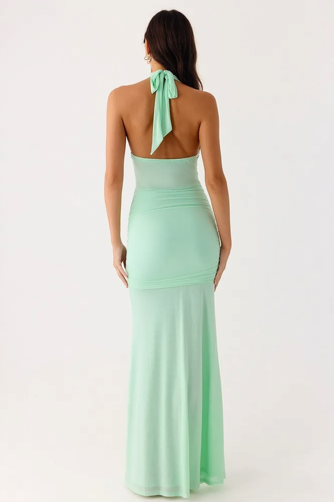 Deep V-Neck Halter Neck Backless Sash Bodycon Maxi Dress - View 12