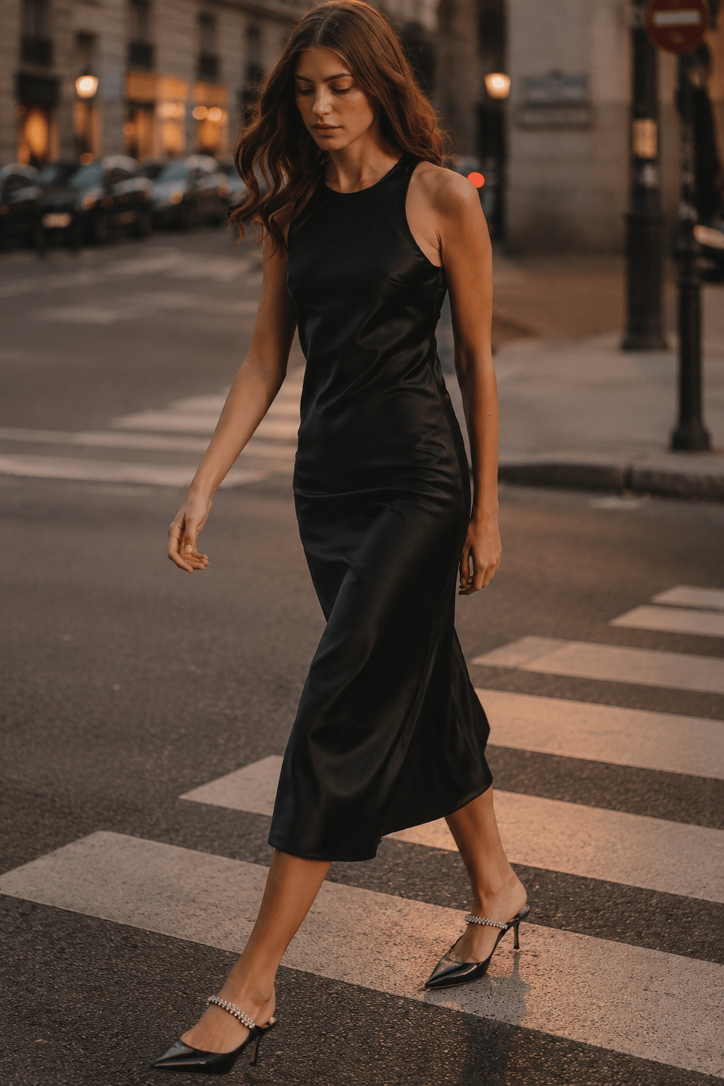Round Neck Sleeveless Satin Bias Cut Midi Slip Dress 3