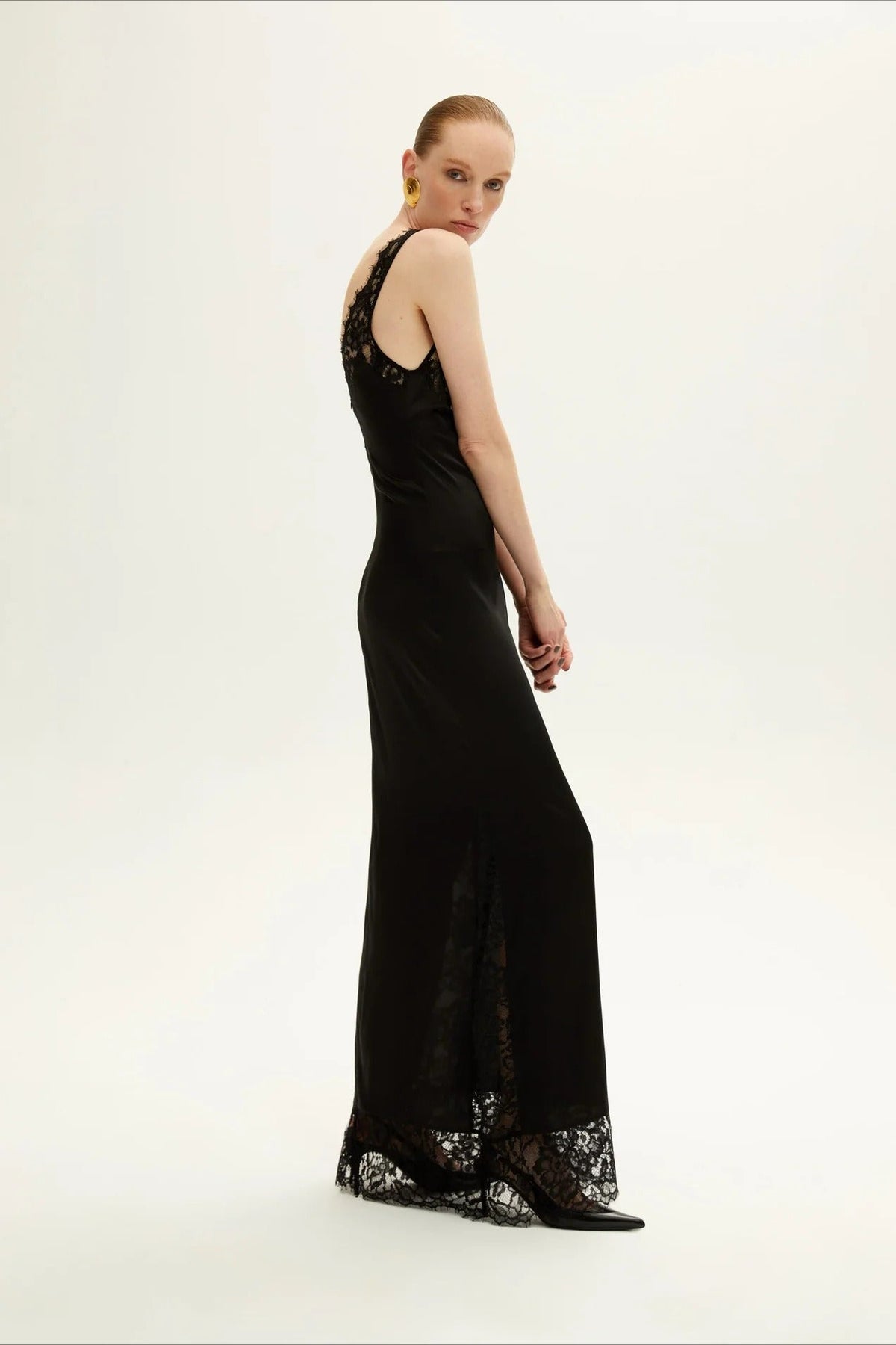 Satin Deep V-Neck Lace Bodice Lace Trim Hem Slip Maxi Gown - View 4