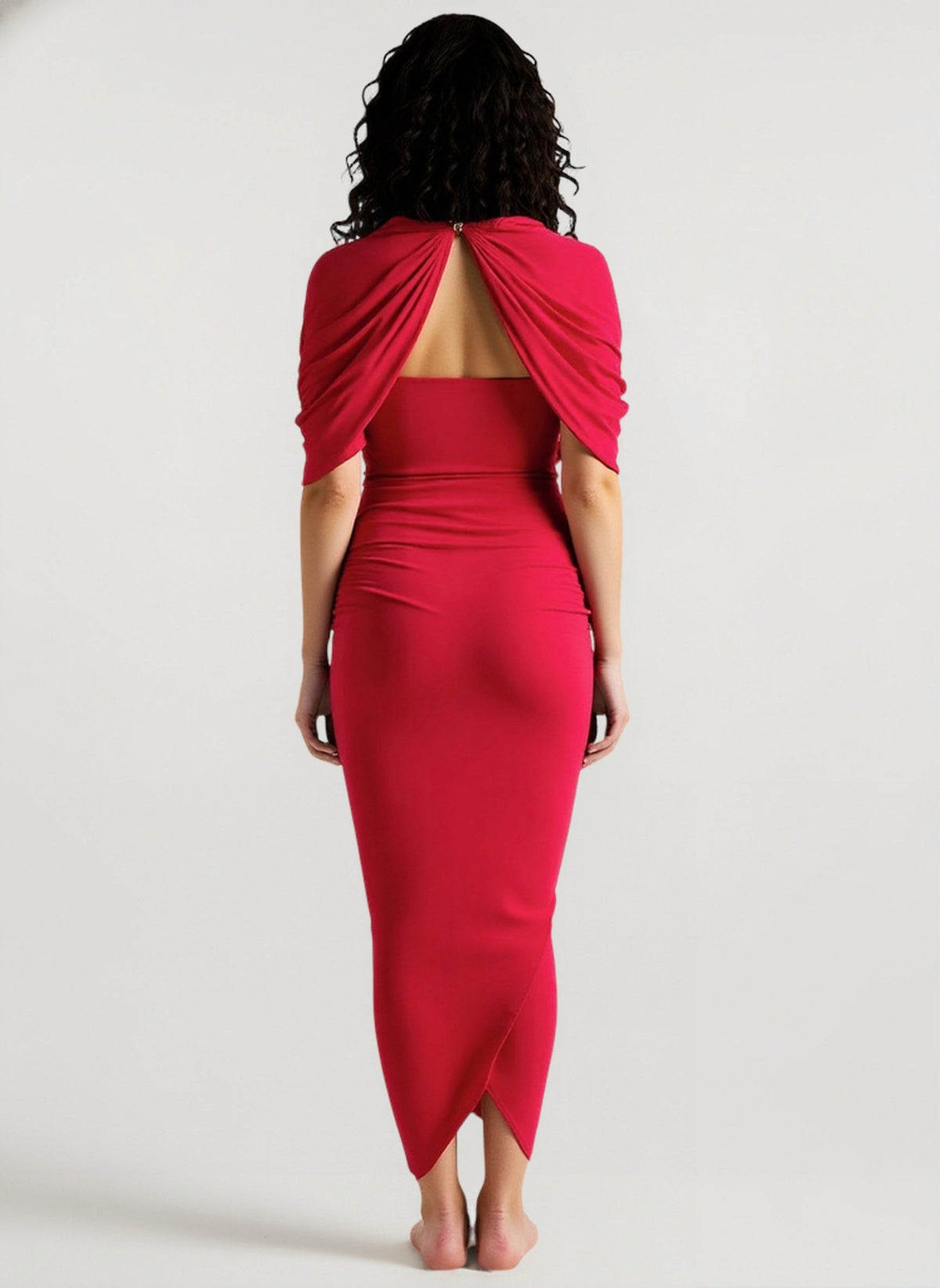 High Neck Cape Sleeve Ruched Bodycon Midi Dress - View 3