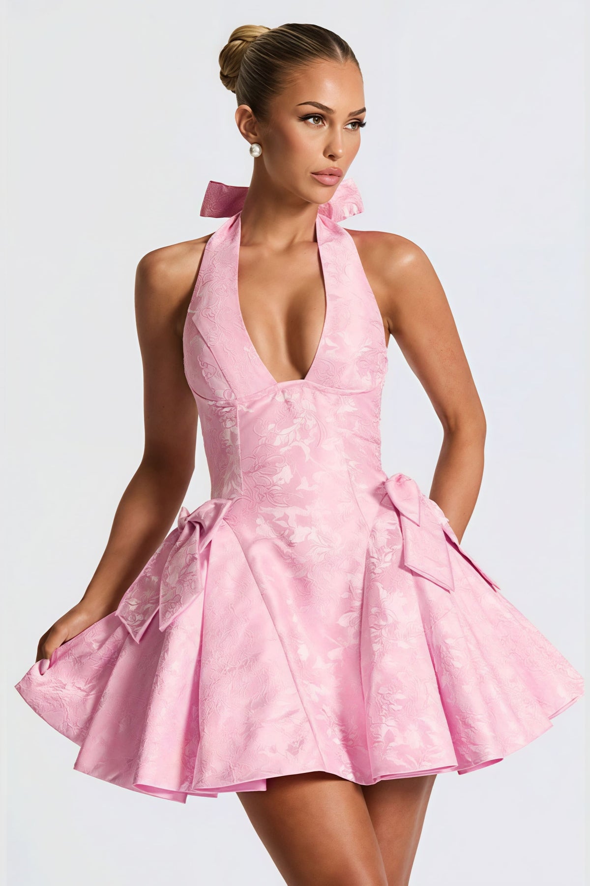 Jacquard Halter Deep V-Neck Bow Fit and Flare Mini Dress in Pink - View 5