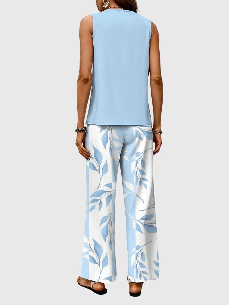 Sleeveless Top and Leaf Print Wide Leg Pants Two Piece Set 3