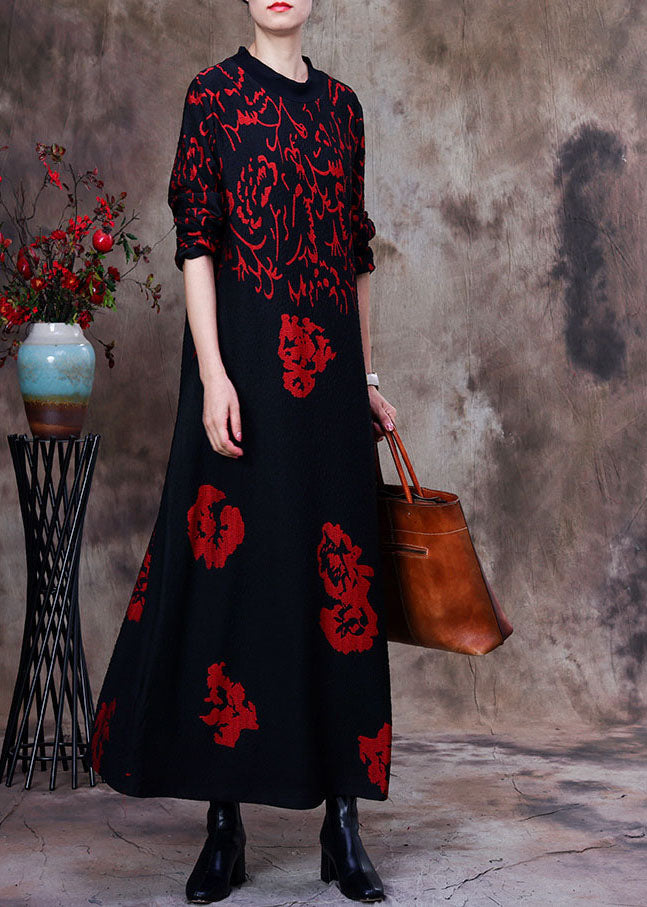 Abstract Calligraphy Print Mock Neck Long Sleeve Maxi Dress - View 2
