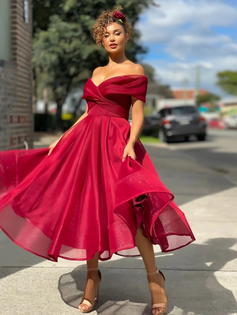 Off Shoulder Organza Fit and Flare Tea Length Party Dress - View 3