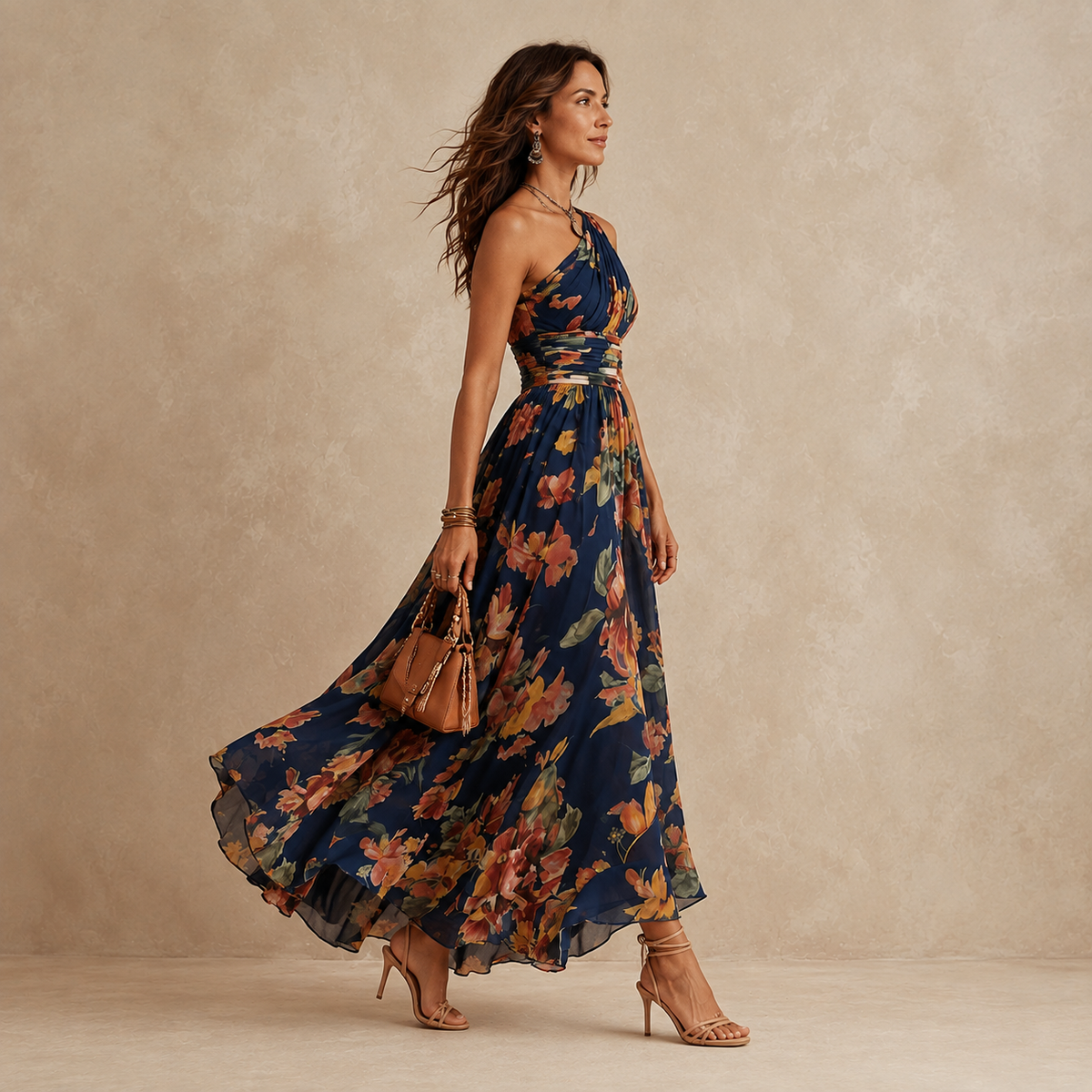 One Shoulder Floral Ruched Waist Maxi Dress 2