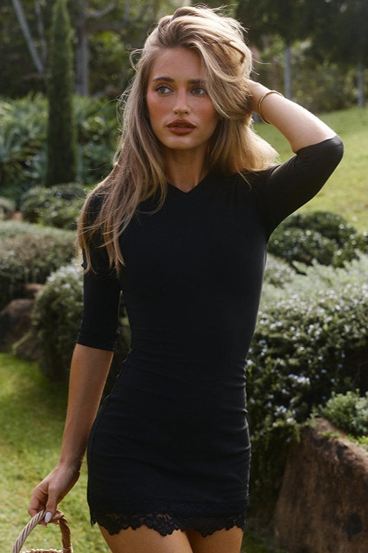 V-Neck Short Sleeve Lace Trim Hem Bodycon Mini Dress