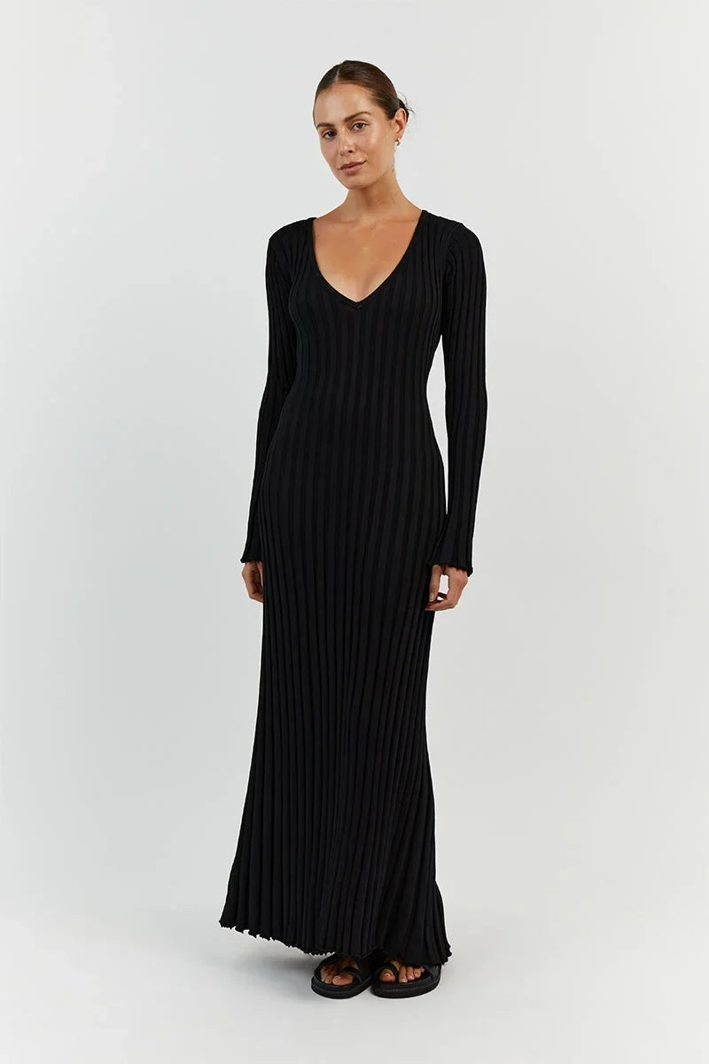 Rib Knit V-Neck Lettuce Hem Long Sleeve Bodycon Maxi Dress - View 8